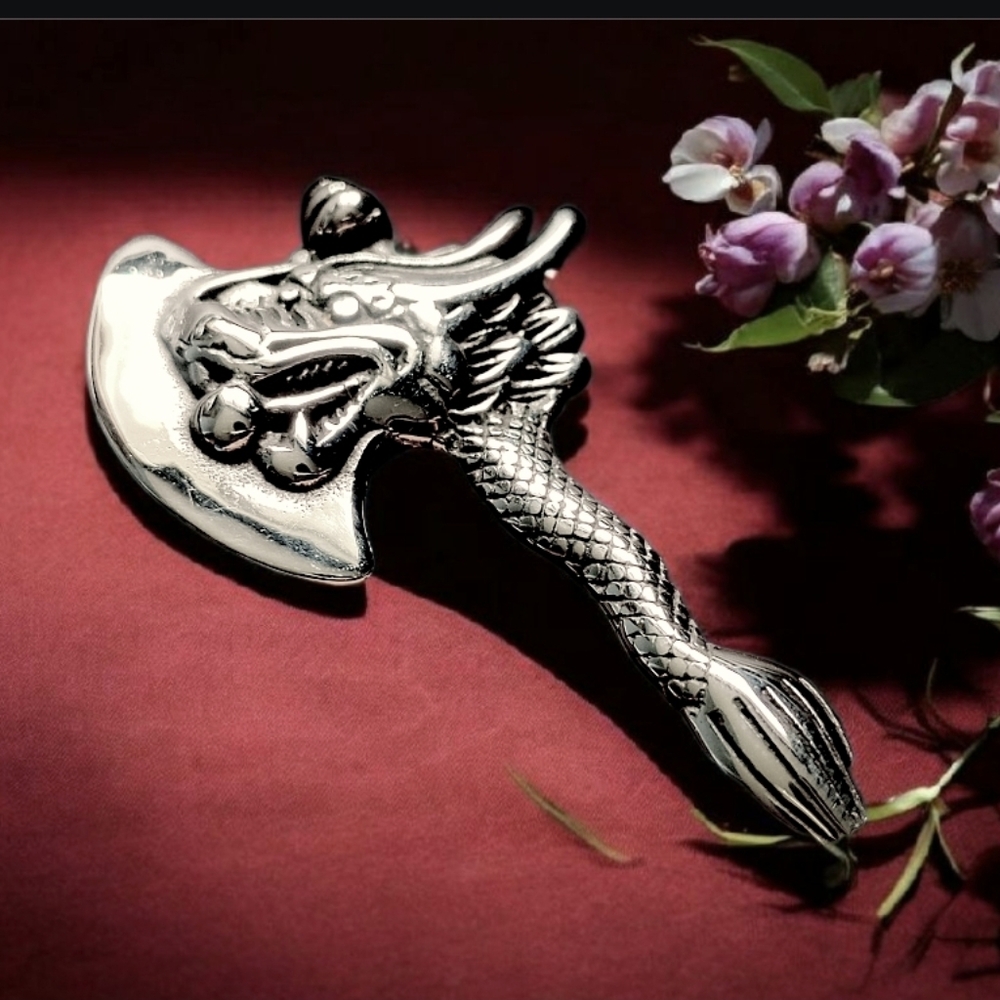 🐉NEW Stainless Steel Silver Asian Dragon Axe Pendant Necklace